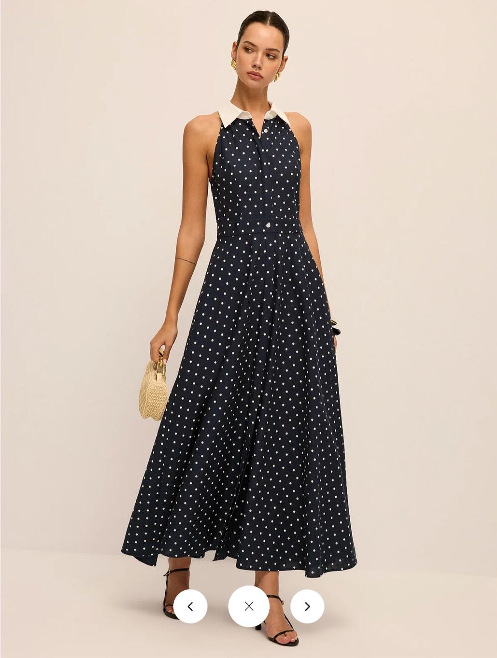 NWT Commense Polka Dot Contrast Collar Cotton Linen Dress Sz L